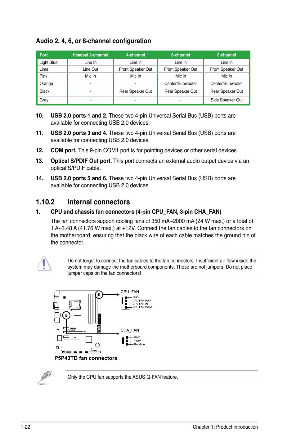 2 internal connectors, 2 internal connectors -22, Audio 2, 4, 6, or 8-channel configuration | Asus P5P43TD/USB3 User Manual | Page 32 / 62