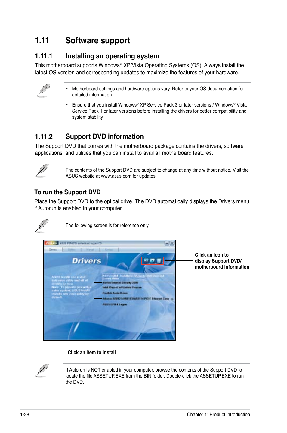 11 software support, 1 installing an operating system, 2 support dvd information | 11 software support -28 | Asus P5P43TD/USB3 User Manual | Page 38 / 62