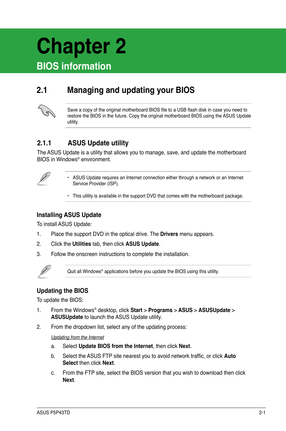 Chapter 2, Bios information, 1 managing and updating your bios | 1 asus update utility, Managing and updating your bios -1 2.1.1, Asus update utility -1 | Asus P5P43TD/USB3 User Manual | Page 39 / 62