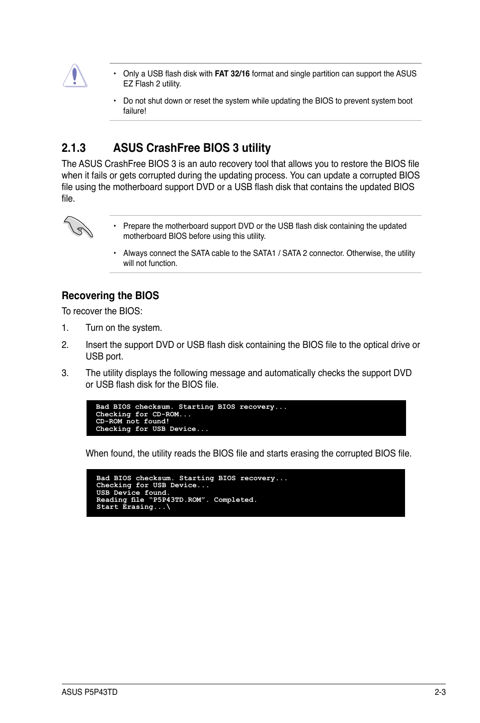 3 asus crashfree bios 3 utility, Asus crashfree bios 3 utility -3, Recovering the bios | Asus P5P43TD/USB3 User Manual | Page 41 / 62