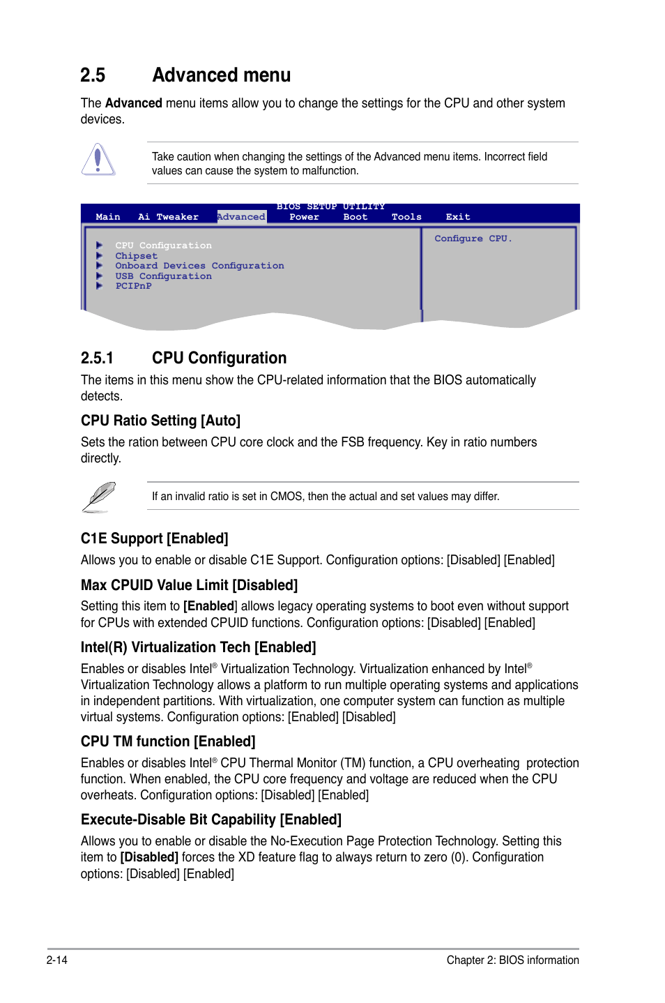 5 advanced menu, 1 cpu configuration, Advanced menu -14 2.5.1 | Cpu configuration -14 | Asus P5P43TD/USB3 User Manual | Page 52 / 62