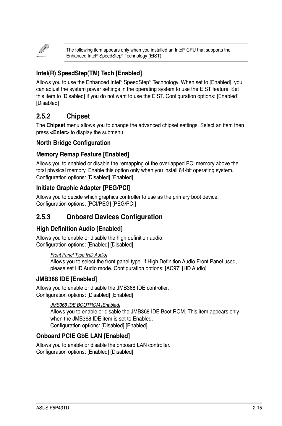 2 chipset, 3 onboard devices configuration, Chipset -15 | Onboard devices configuration -15 | Asus P5P43TD/USB3 User Manual | Page 53 / 62