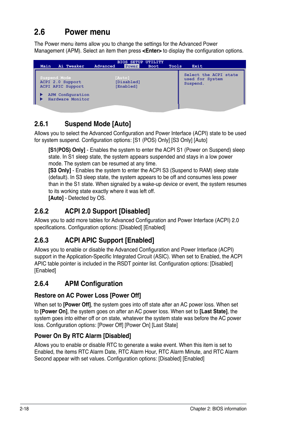 6 power menu, 1 suspend mode, 2 acpi 2.0 support | 3 acpi apic support, 4 apm configuration, Power menu -18 2.6.1, Suspend mode -18, Acpi 2.0 support -18, Acpi apic support -18, Apm configuration -18 | Asus P5P43TD/USB3 User Manual | Page 56 / 62