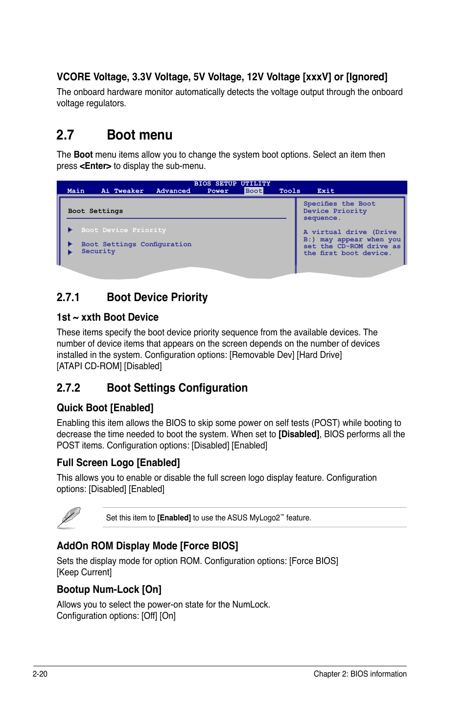 7 boot menu, 1 boot device priority, 2 boot settings configuration | Boot menu -20 2.7.1, Boot device priority -20, Boot settings configuration -20 | Asus P5P43TD/USB3 User Manual | Page 58 / 62