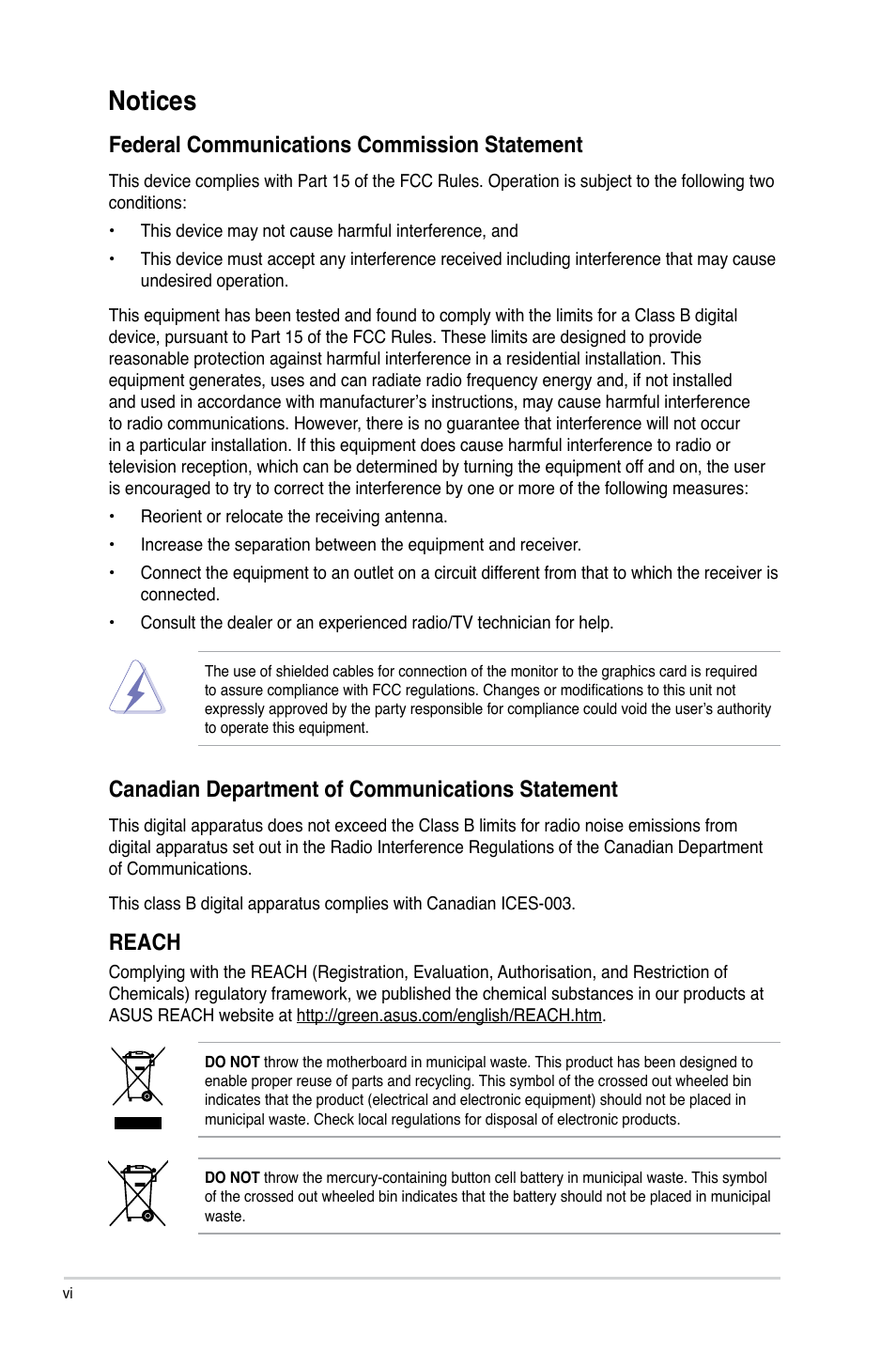 Notices, Federal communications commission statement, Canadian department of communications statement | Reach | Asus P5P43TD/USB3 User Manual | Page 6 / 62