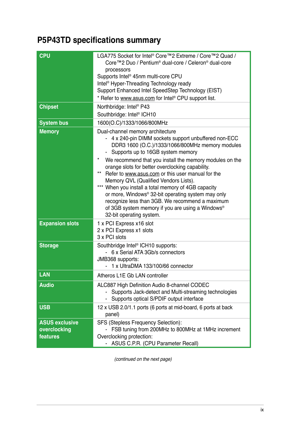 P5p43td specifications summary | Asus P5P43TD/USB3 User Manual | Page 9 / 62