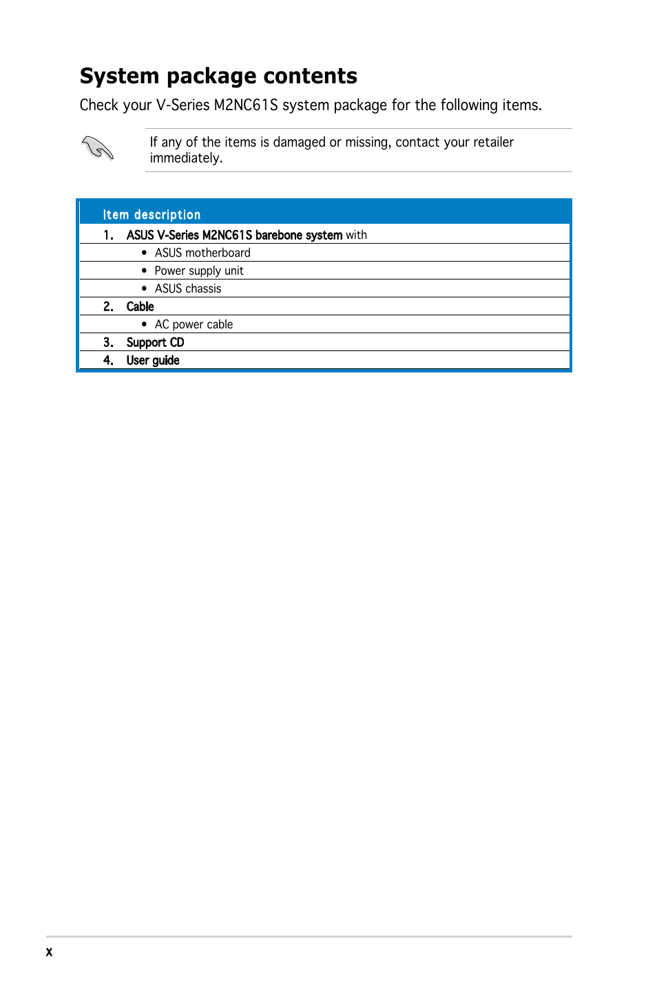 System package contents | Asus V3-M2NC61S User Manual | Page 10 / 93