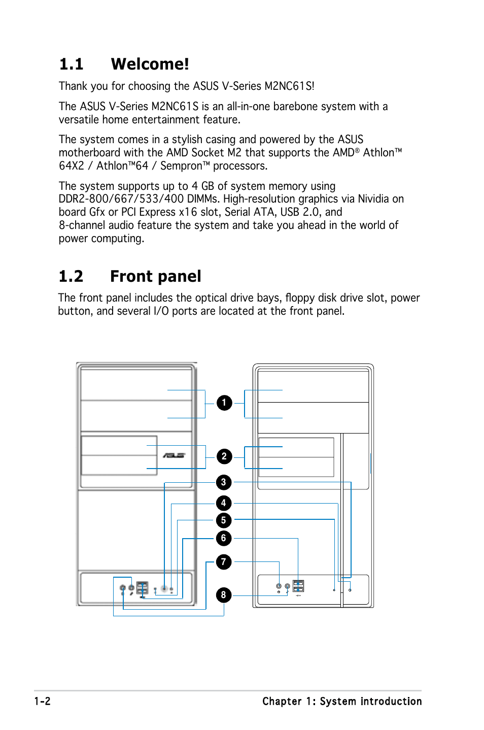 1 welcome, 2 front panel | Asus V3-M2NC61S User Manual | Page 12 / 93