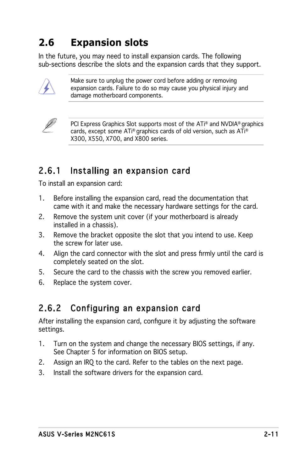 6 expansion slots, 1 installing an expansion card, 2 configuring an expansion card | Asus V3-M2NC61S User Manual | Page 29 / 93