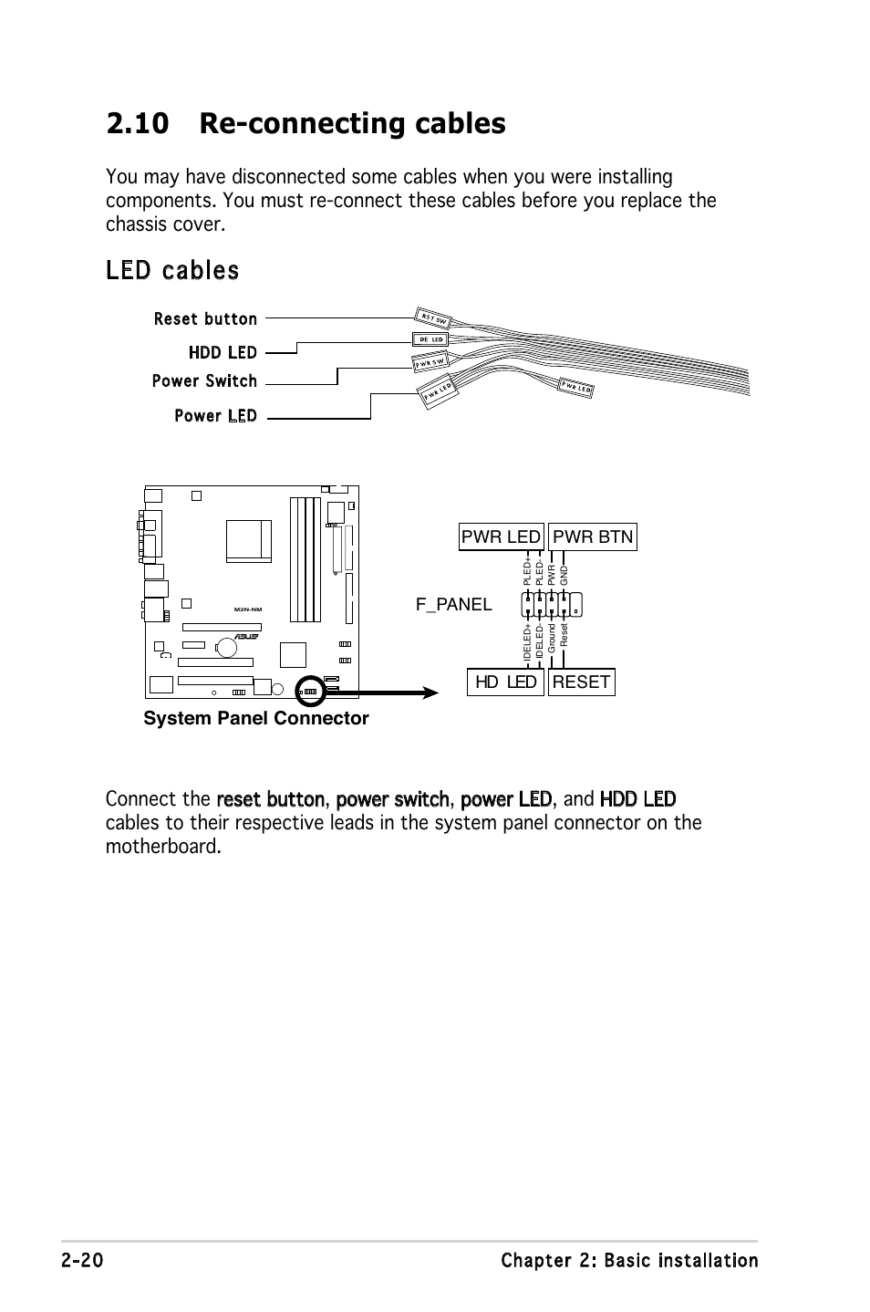 10 re-connecting cables, Led cables, System panel connector | 20 chapter 2: basic installation, F_panel, Hd led reset pwr led pwr btn | Asus V3-M2NC61S User Manual | Page 38 / 93