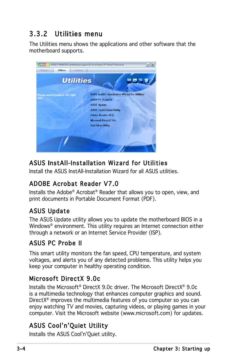 2 utilities menu, Asus install-installation wizard for utilities, Adobe acrobat reader v7.0 | Asus update, Asus pc probe ii, Microsoft directx 9.0c, Asus cool’n’quiet utility | Asus V3-M2NC61S User Manual | Page 43 / 93