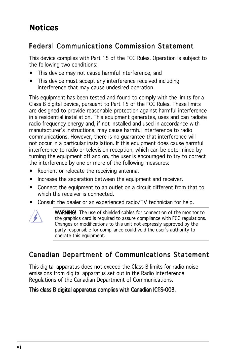 Notices, Federal communications commission statement, Canadian department of communications statement | Asus V3-M2NC61S User Manual | Page 6 / 93