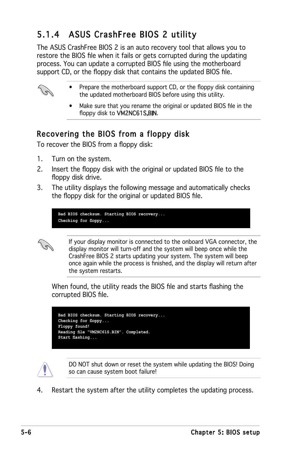 4 asus crashfree bios 2 utility, Recovering the bios from a floppy disk | Asus V3-M2NC61S User Manual | Page 67 / 93