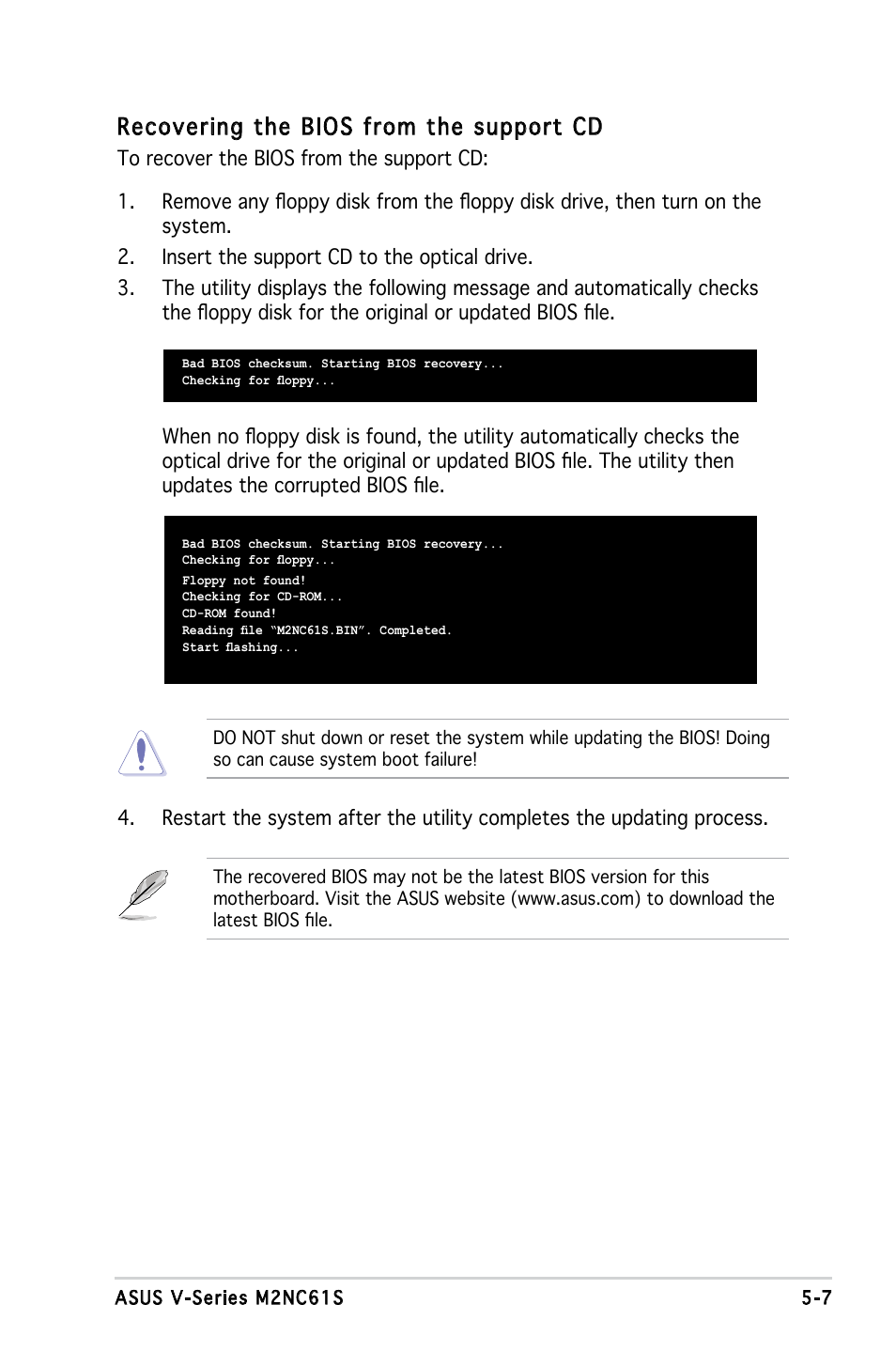 Recovering the bios from the support cd | Asus V3-M2NC61S User Manual | Page 68 / 93