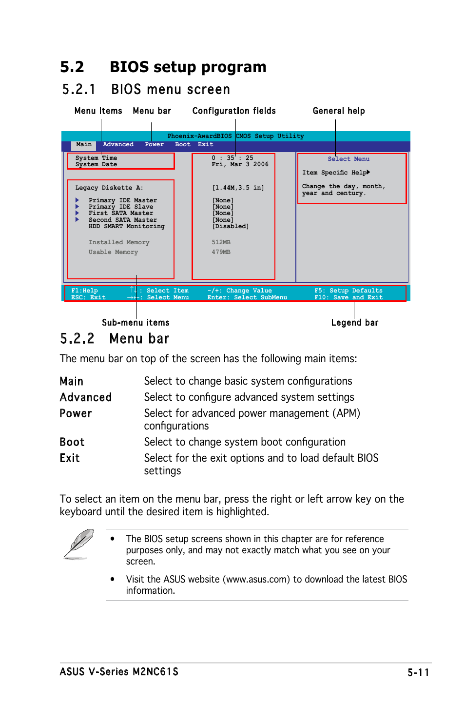 2 bios setup program, 1 bios menu screen, 2 menu bar | Asus V3-M2NC61S User Manual | Page 72 / 93