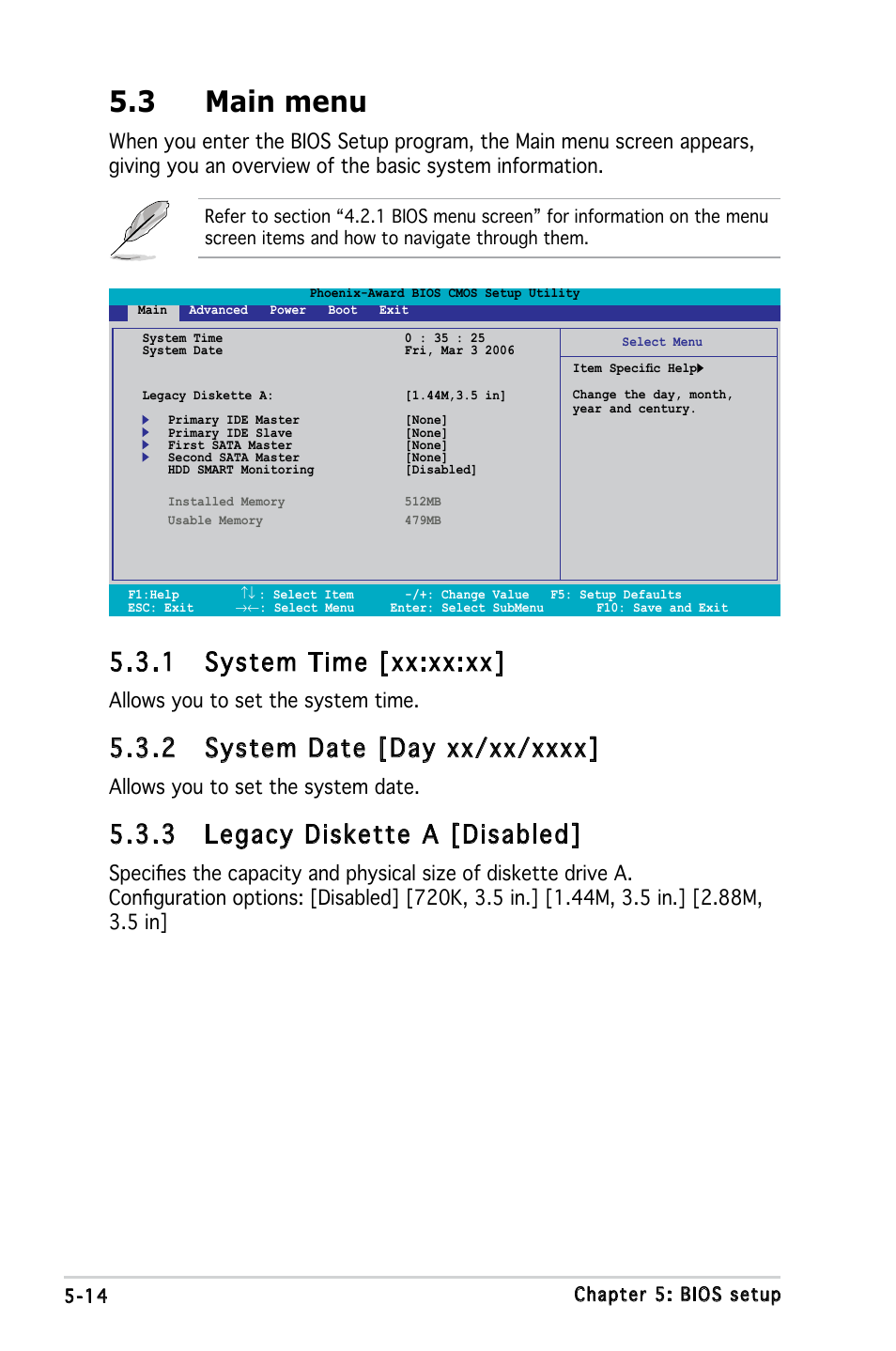 3 main menu, 1 system time [xx:xx:xx, 3 legacy diskette a [disabled | Allows you to set the system time, Allows you to set the system date | Asus V3-M2NC61S User Manual | Page 75 / 93