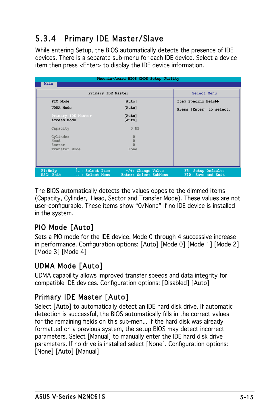 4 primary ide master/slave, Pio mode [auto, Udma mode [auto | Primary ide master [auto | Asus V3-M2NC61S User Manual | Page 76 / 93