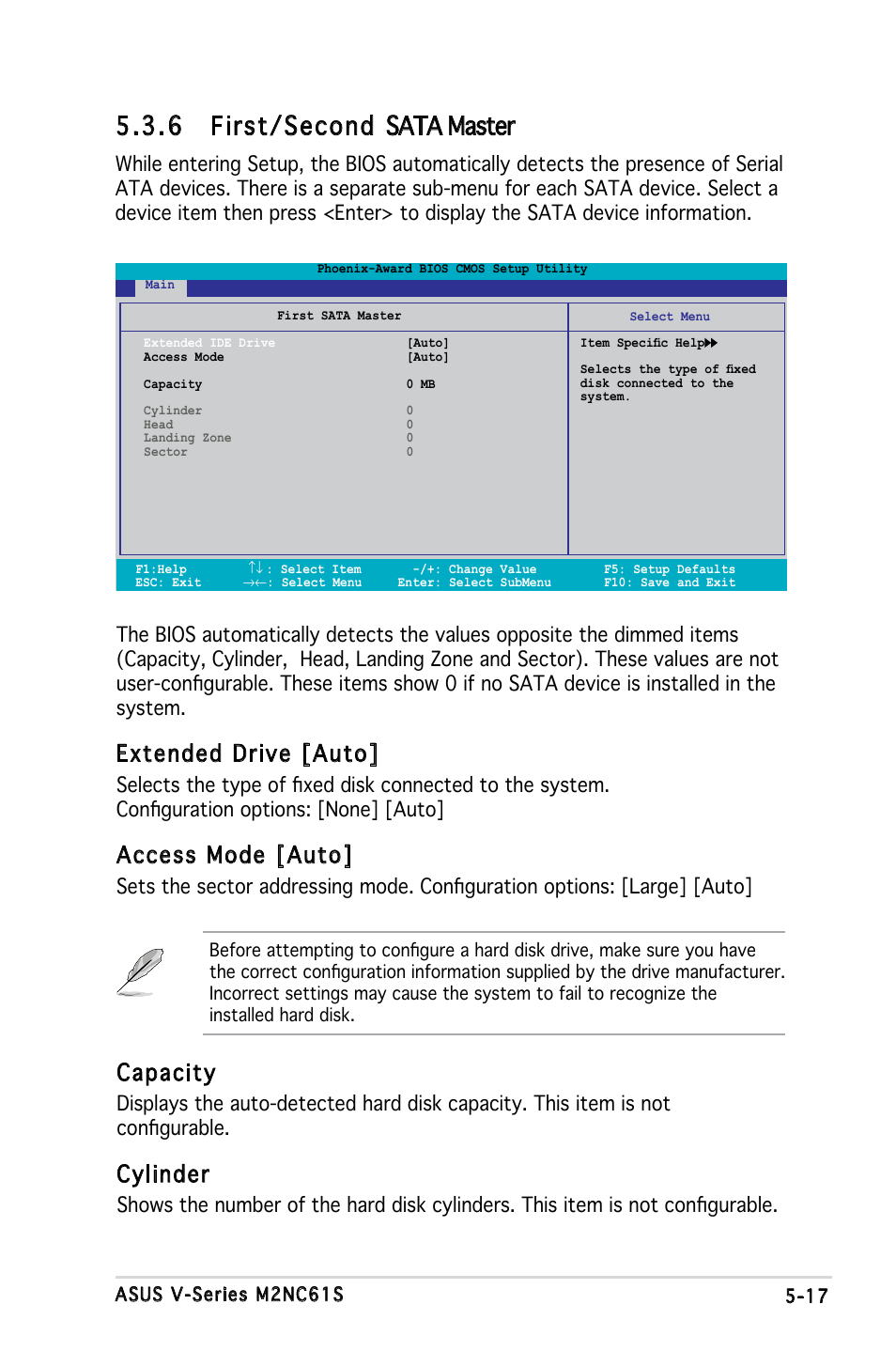 6 first/second sata master, Extended drive [auto, Access mode [auto | Capacity, Cylinder | Asus V3-M2NC61S User Manual | Page 78 / 93