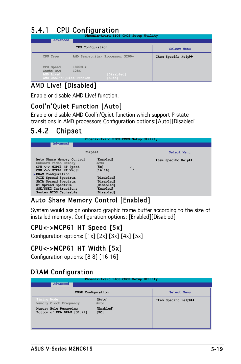 1 cpu configuration, 2 chipset, Dram configuration | Amd live! [disabled, Cool’n’quiet function [auto, Cpu<->mcp61 ht speed [5x, Cpu<->mcp61 ht width [5x, Enable or disable amd live! function | Asus V3-M2NC61S User Manual | Page 80 / 93