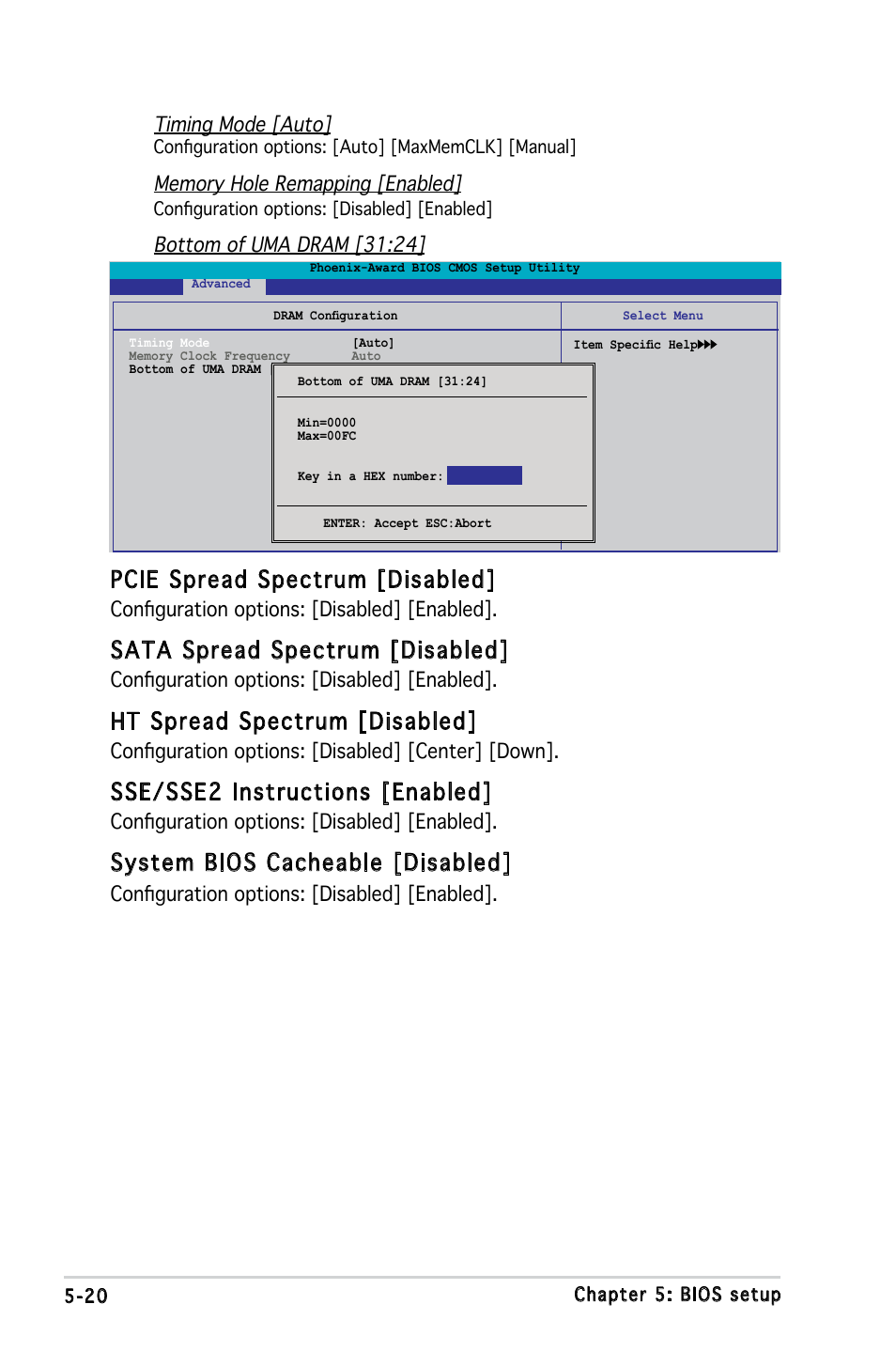 Pcie spread spectrum [disabled, Sata spread spectrum [disabled, Ht spread spectrum [disabled | Sse/sse2 instructions [enabled, System bios cacheable [disabled, Timing mode [auto, Bottom of uma dram [31:24, Configuration options: [disabled] [enabled, Configuration options: [disabled] [center] [down | Asus V3-M2NC61S User Manual | Page 81 / 93