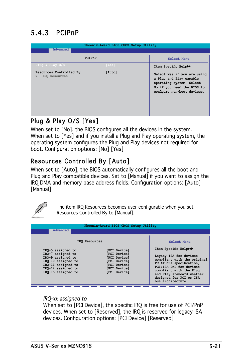 3 pcipnp, Plug & play o/s [yes, Resources controlled by [auto | Asus V3-M2NC61S User Manual | Page 82 / 93