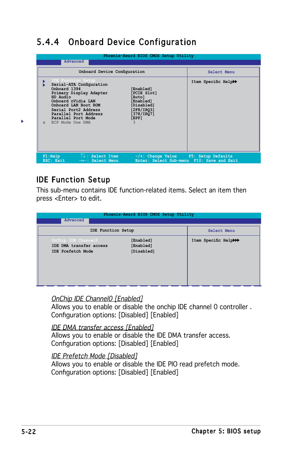 4 onboard device configuration, Ide function setup, Chapter 5: bios setup 5-22 | Asus V3-M2NC61S User Manual | Page 83 / 93