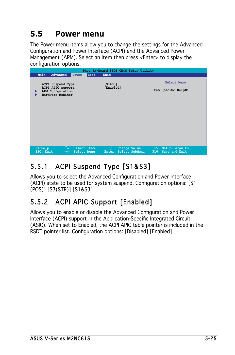 5 power menu, 1 acpi suspend type [s1&s3, 2 acpi apic support [enabled | Asus V3-M2NC61S User Manual | Page 86 / 93