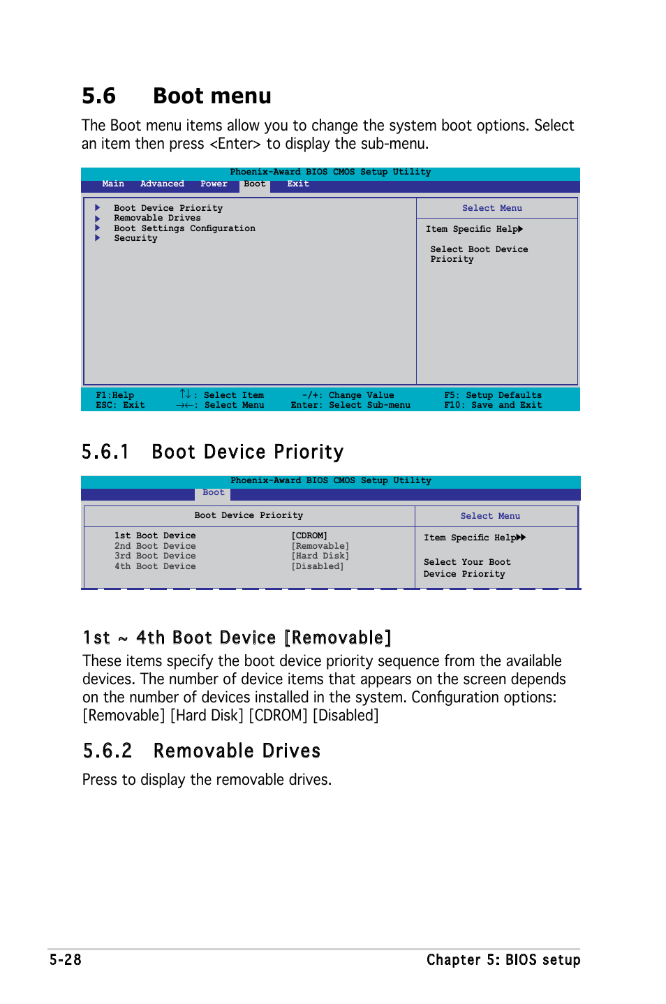 6 boot menu, 1 boot device priority, 2 removable drives | 1st ~ 4th boot device [removable, Press to display the removable drives | Asus V3-M2NC61S User Manual | Page 89 / 93