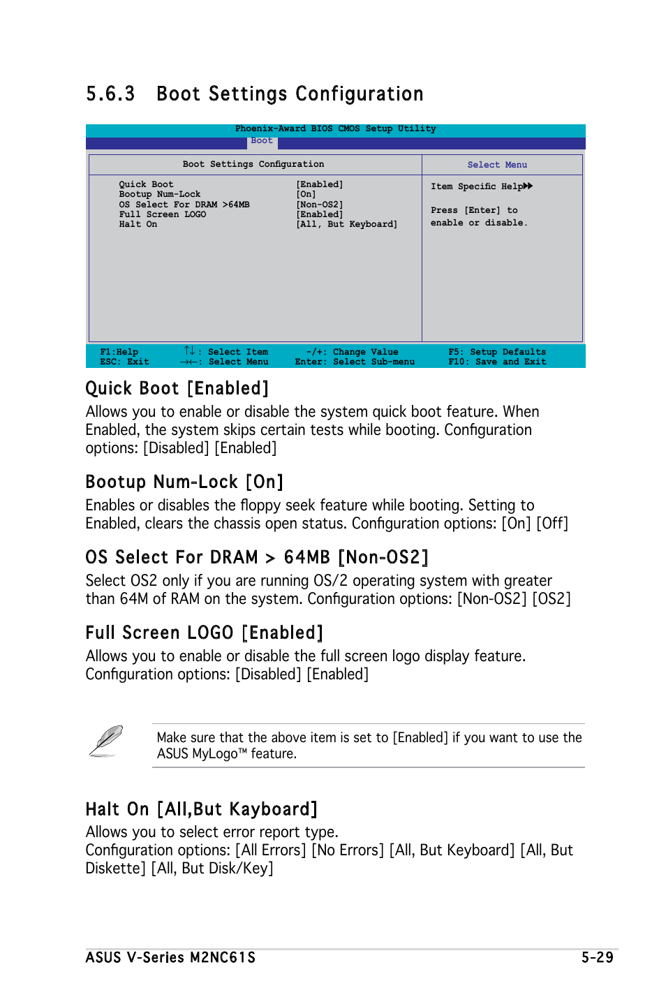 3 boot settings configuration, Quick boot [enabled, Bootup num-lock [on | Os select for dram > 64mb [non-os2, Full screen logo [enabled, Halt on [all,but kayboard | Asus V3-M2NC61S User Manual | Page 90 / 93