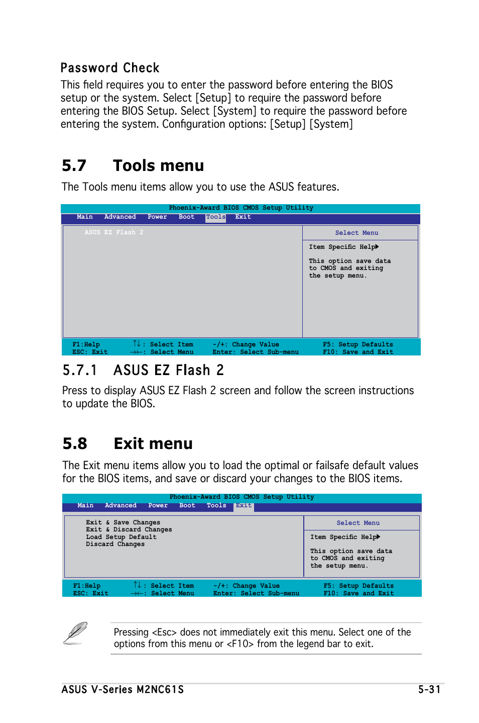 7 tools menu, 8 exit menu, 1 asus ez flash 2 | Password check | Asus V3-M2NC61S User Manual | Page 92 / 93