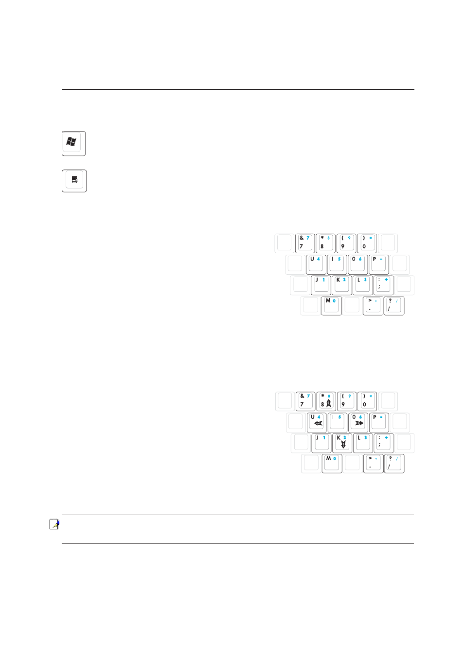Microsoft windows keys, Keyboard as a numeric keypad, Keyboard as cursors | 27 getting started | Asus A7Jc User Manual | Page 27 / 76