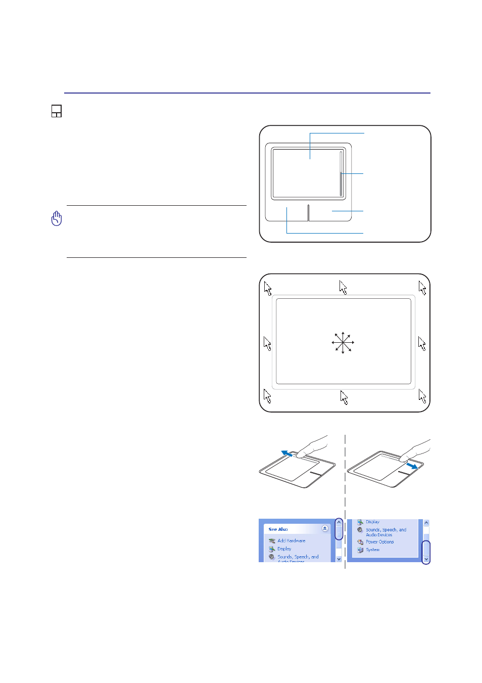 Pointing device, Using the touchpad, Scroll down scroll up | Asus A7Jc User Manual | Page 35 / 76