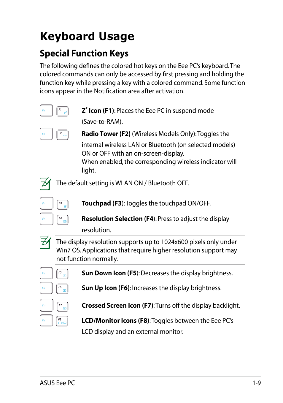 Keyboard usage, Special function keys, Keyboard usage -9 | Special function keys -9 | Asus Eee PC R101 User Manual | Page 17 / 60