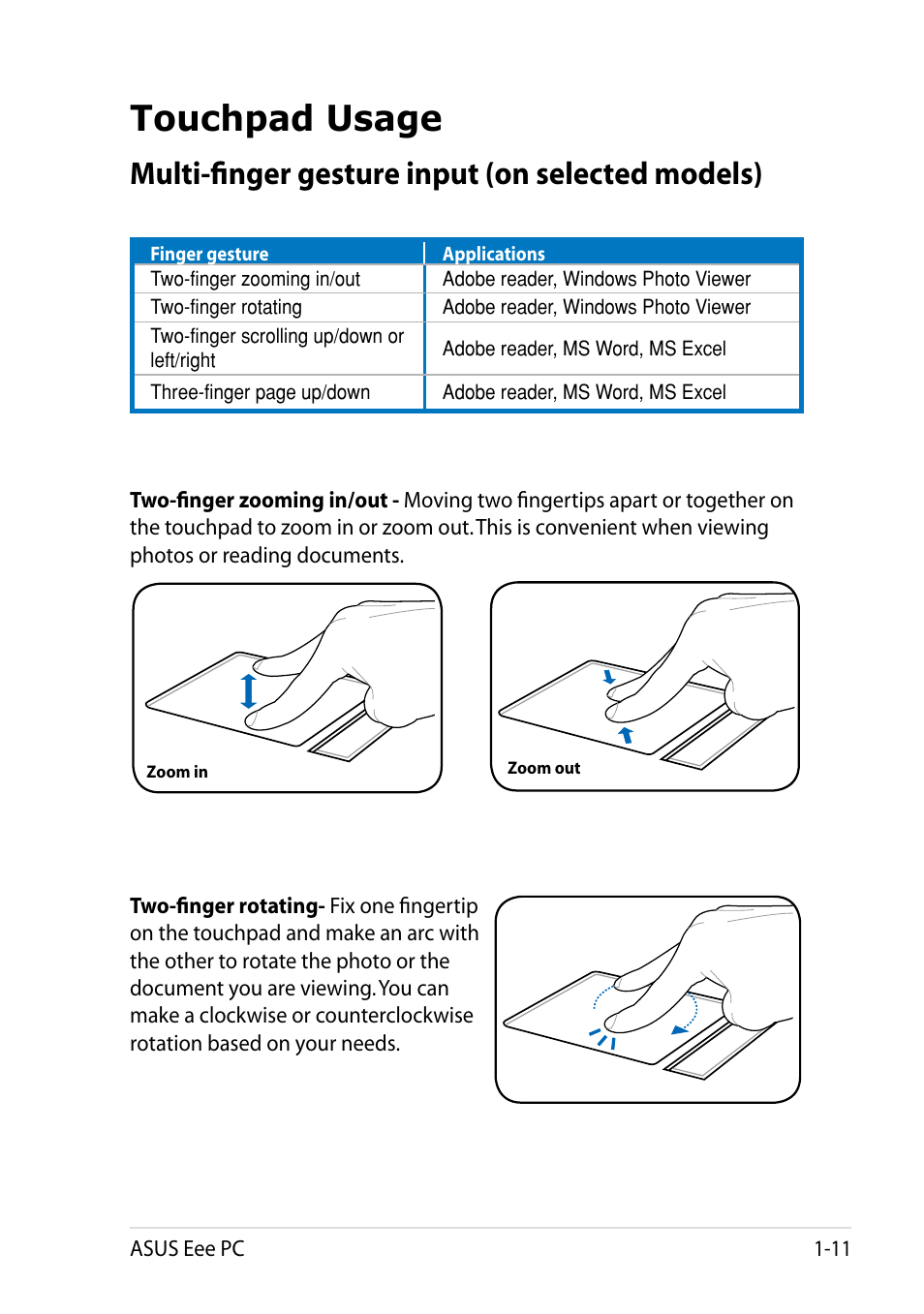 Touchpad usage, Multi-finger gesture input (on selected models), Touchpad usage -11 | Asus Eee PC R101 User Manual | Page 19 / 60