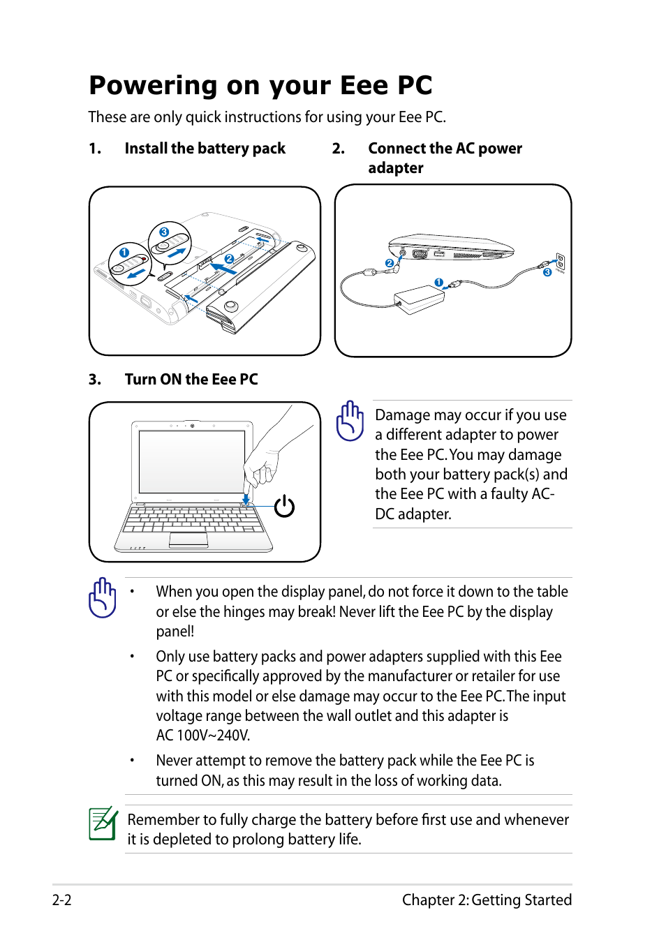 Powering on your eee pc, Powering on your eee pc -2, Chapter 2: getting started 2-2 | Asus Eee PC R101 User Manual | Page 22 / 60