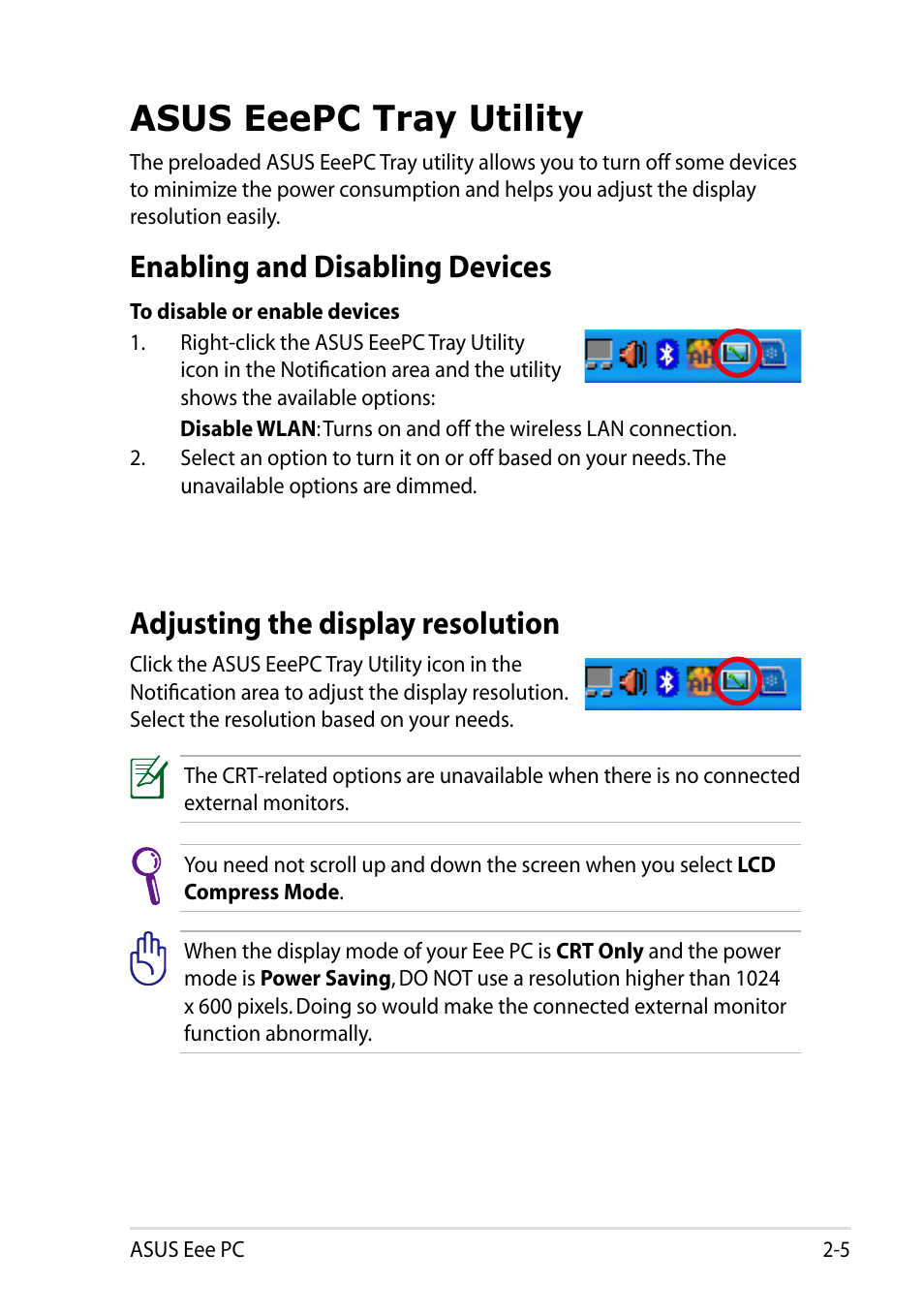 Asus eeepc tray utility, Enabling and disabling devices, Adjusting the display resolution | Asus eeepc tray utility -5 | Asus Eee PC R101 User Manual | Page 25 / 60