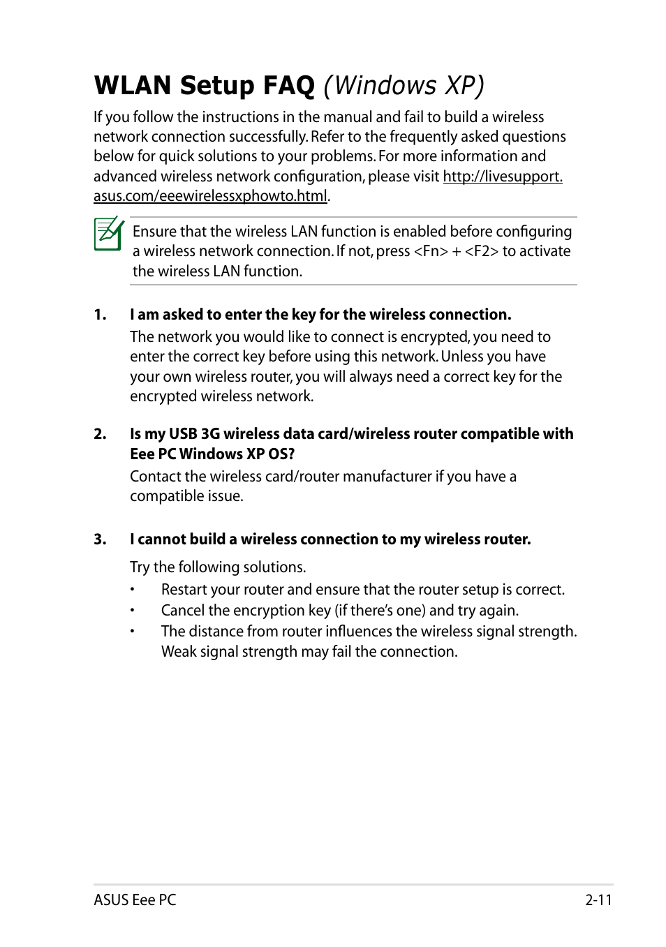 Wlan setup faq (windows xp), Wlan setup faq, Windows xp) | Asus Eee PC R101 User Manual | Page 31 / 60