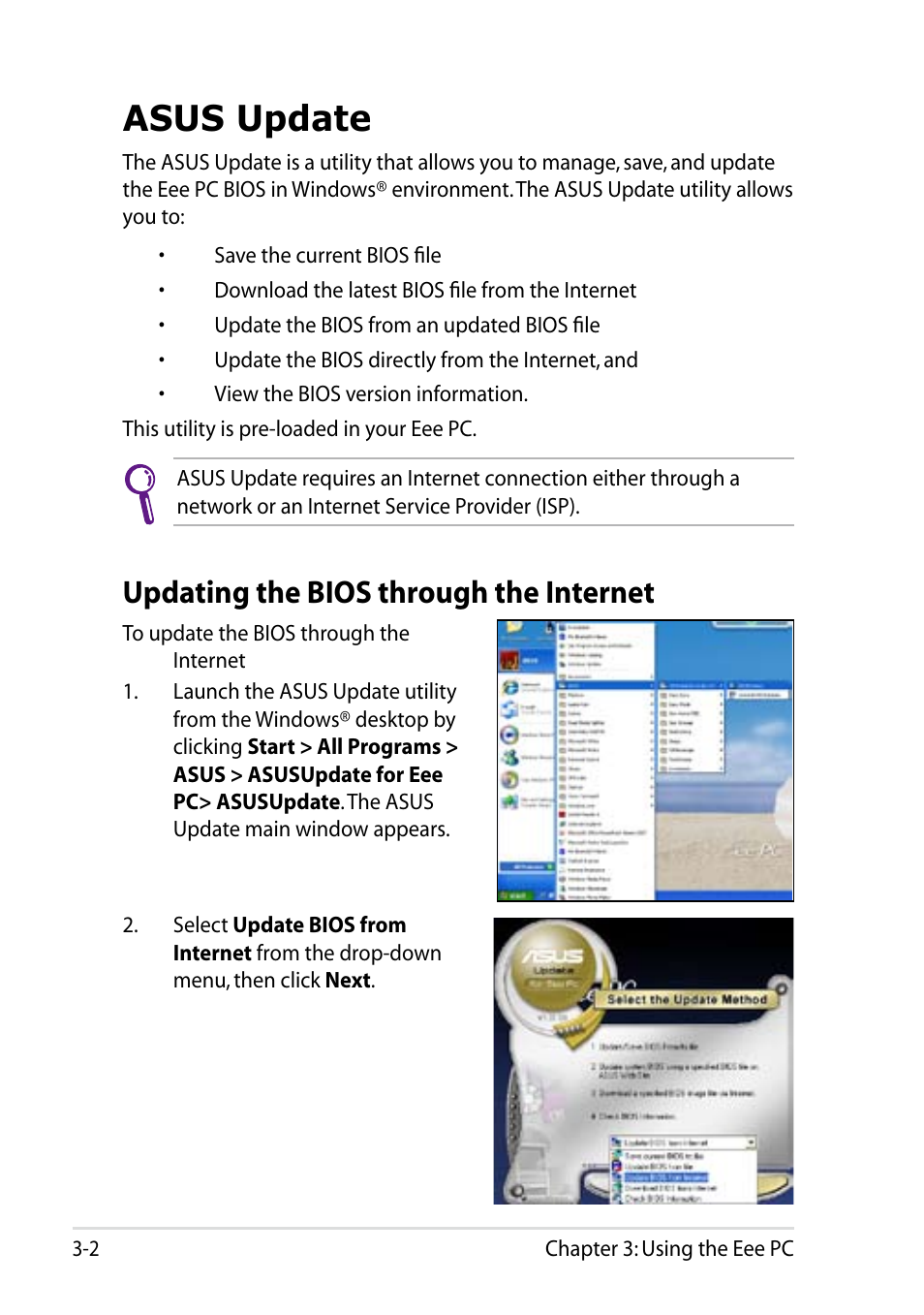 Asus update, Updating the bios through the internet, Asus update -2 | Updating the bios through the internet -2 | Asus Eee PC R101 User Manual | Page 34 / 60