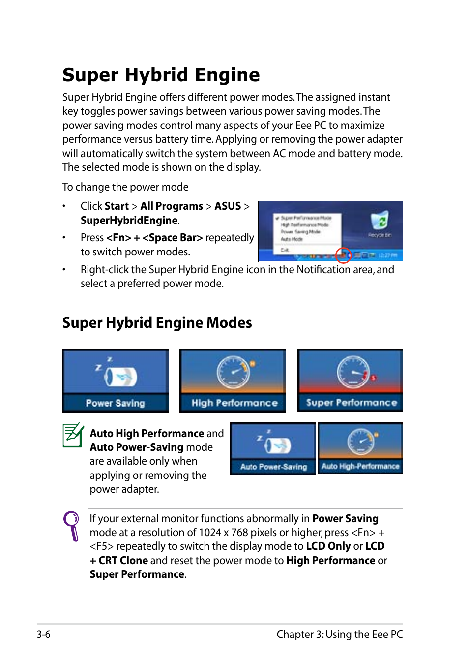 Super hybrid engine, Super hybrid engine modes, Super hybrid engine -6 | Super hybrid engine modes -6 | Asus Eee PC R101 User Manual | Page 38 / 60