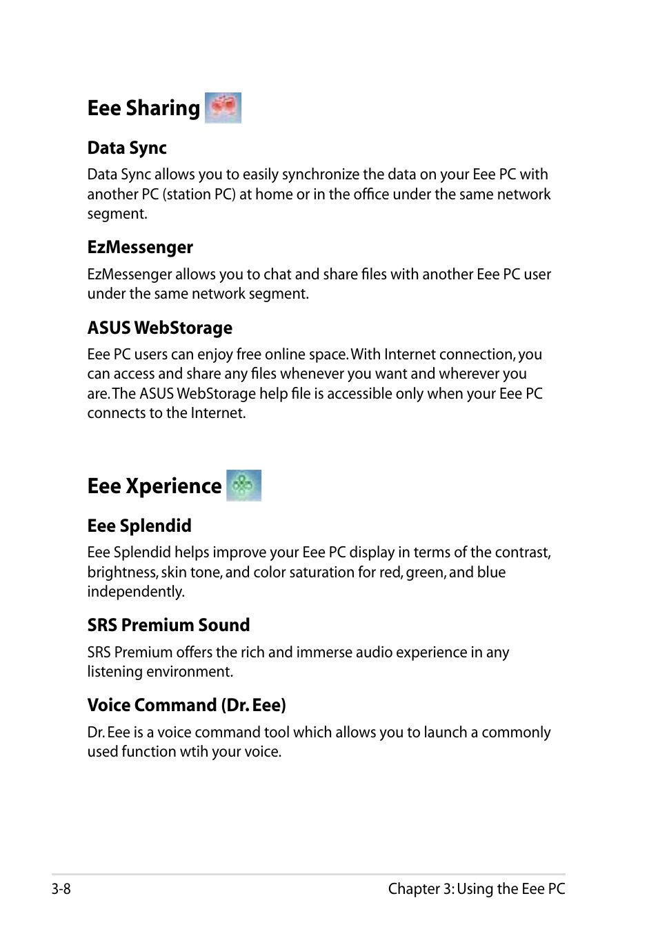 Eee sharing, Eee xperience, Eee sharing -8 eee xperience -8 | Asus Eee PC R101 User Manual | Page 40 / 60