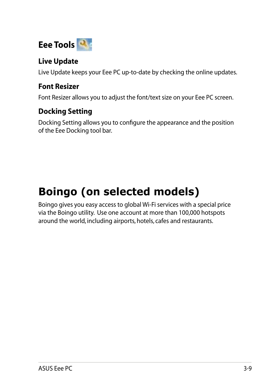 Eee tools, Boingo (on selected models), Eee tools -9 | Boingo (on selected models) -9 | Asus Eee PC R101 User Manual | Page 41 / 60