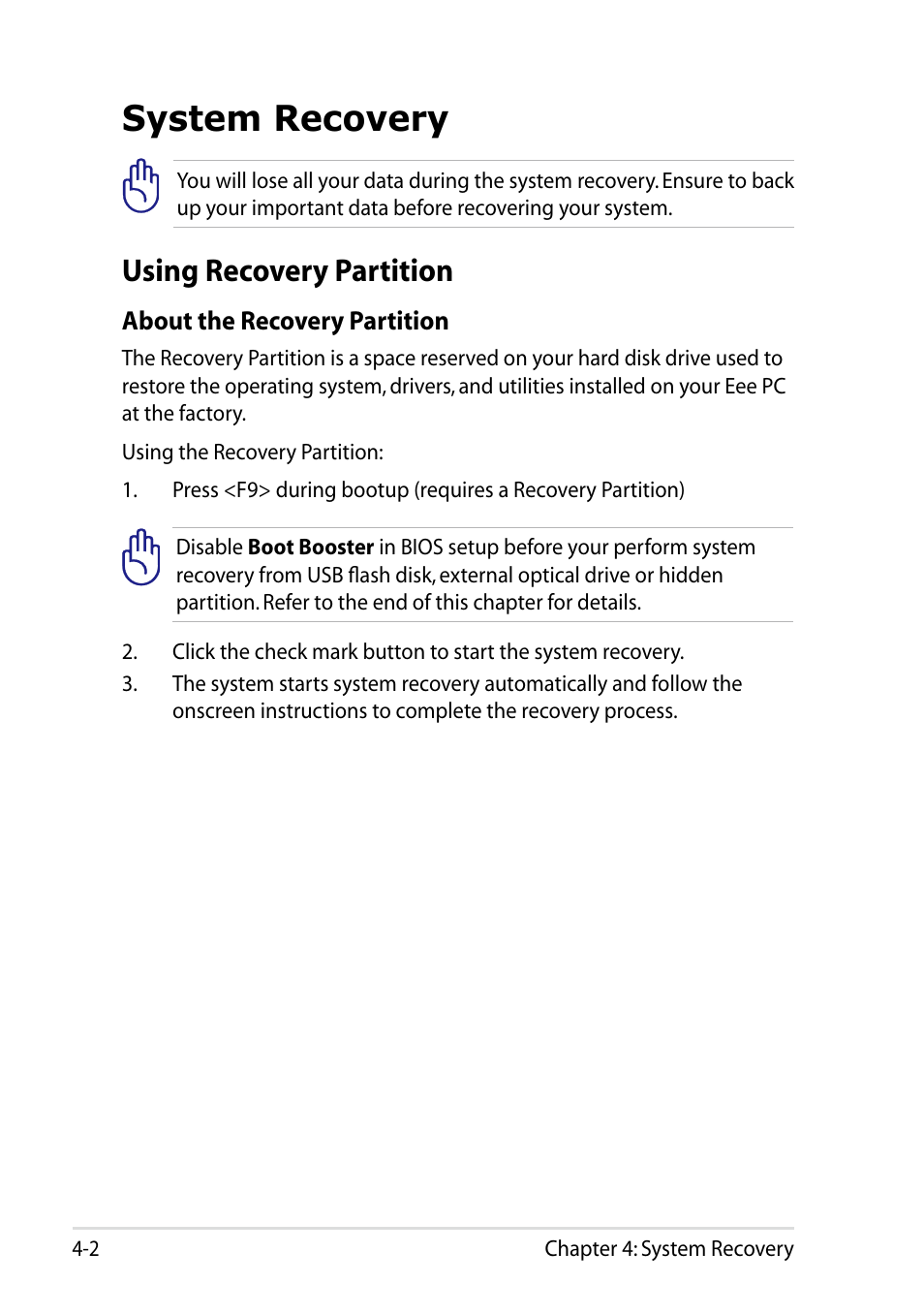 System recovery, Using recovery partition, System recovery -2 | Using recovery partition -2 | Asus Eee PC R101 User Manual | Page 44 / 60