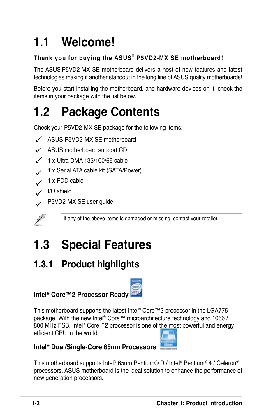 3 special features, 1 welcome, 2 package contents | 1 product highlights | Asus P5VD2-MX SE User Manual | Page 12 / 78