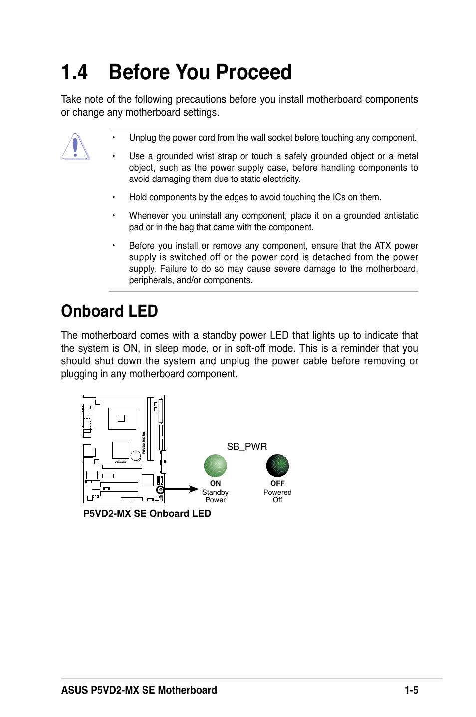  before you proceed, Onboard led | Asus P5VD2-MX SE User Manual | Page 15 / 78