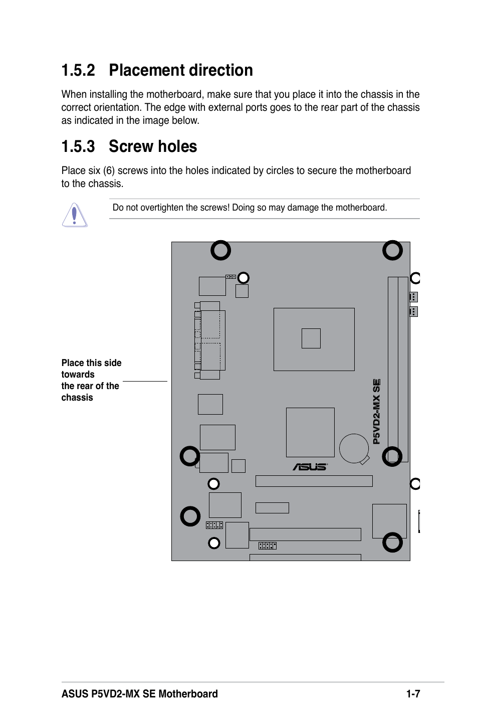 2 placement direction, 3 screw holes | Asus P5VD2-MX SE User Manual | Page 17 / 78