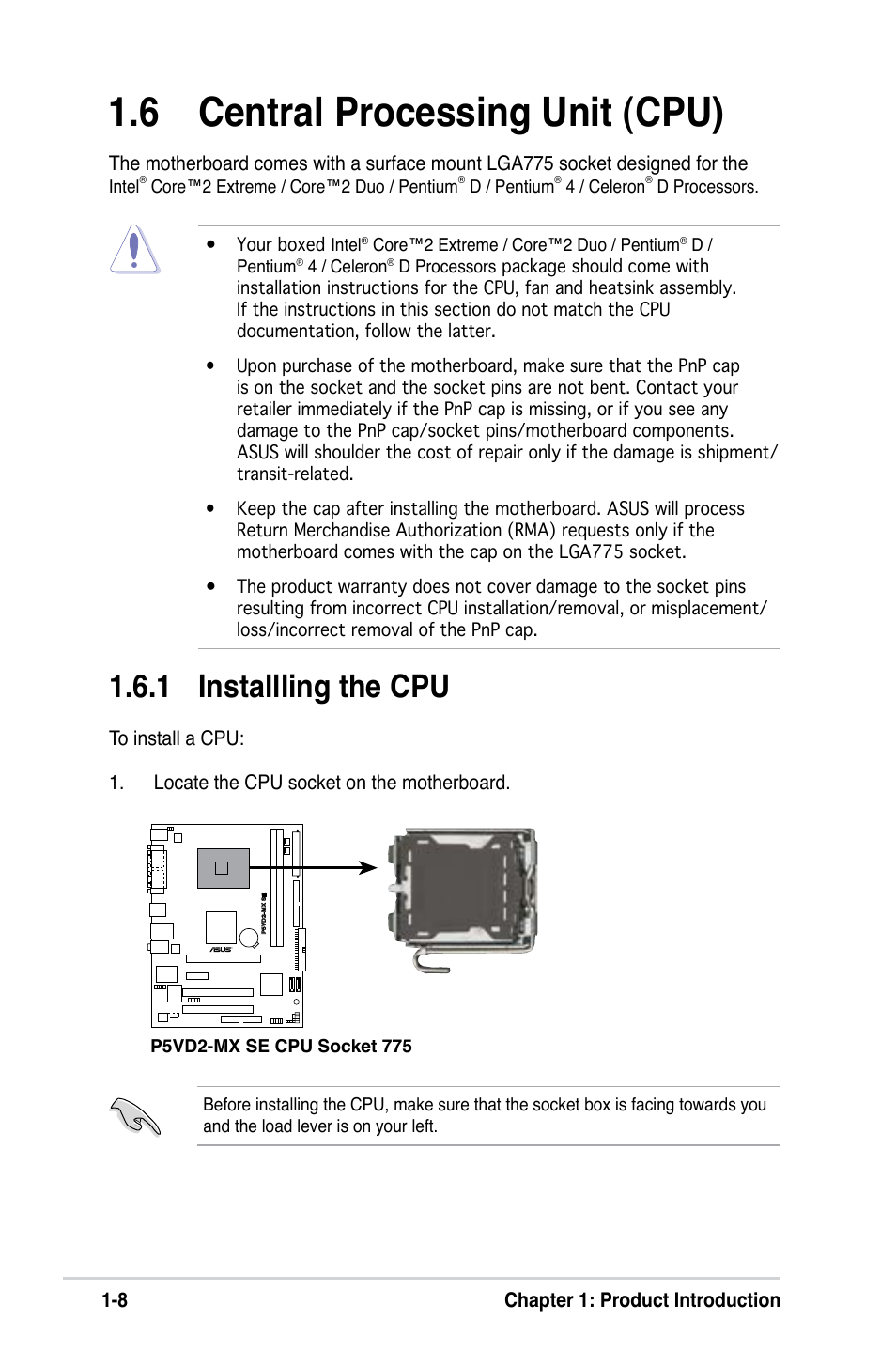 6 central processing unit (cpu), 1 installling the cpu | Asus P5VD2-MX SE User Manual | Page 18 / 78