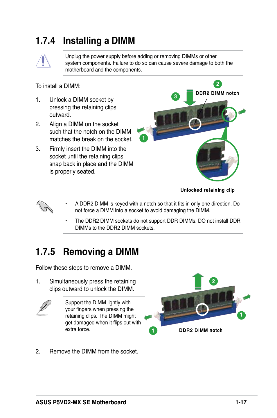  installing a dimm, 5 removing a dimm | Asus P5VD2-MX SE User Manual | Page 27 / 78