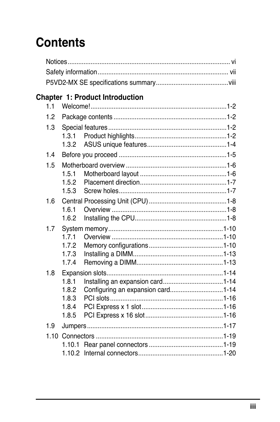 Asus P5VD2-MX SE User Manual | Page 3 / 78