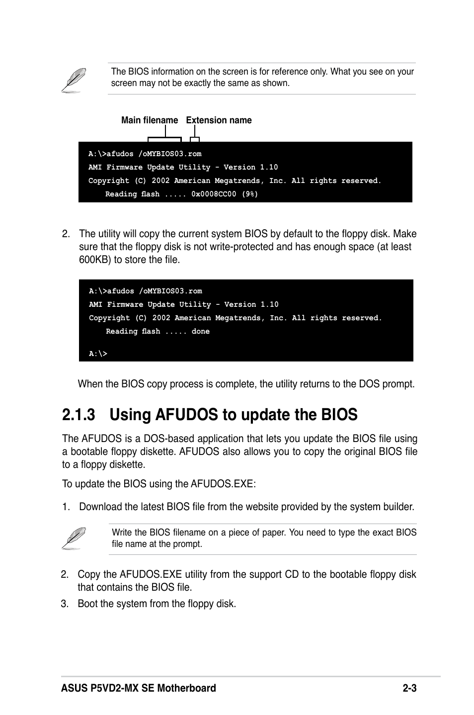 3 using afudos to update the bios | Asus P5VD2-MX SE User Manual | Page 43 / 78