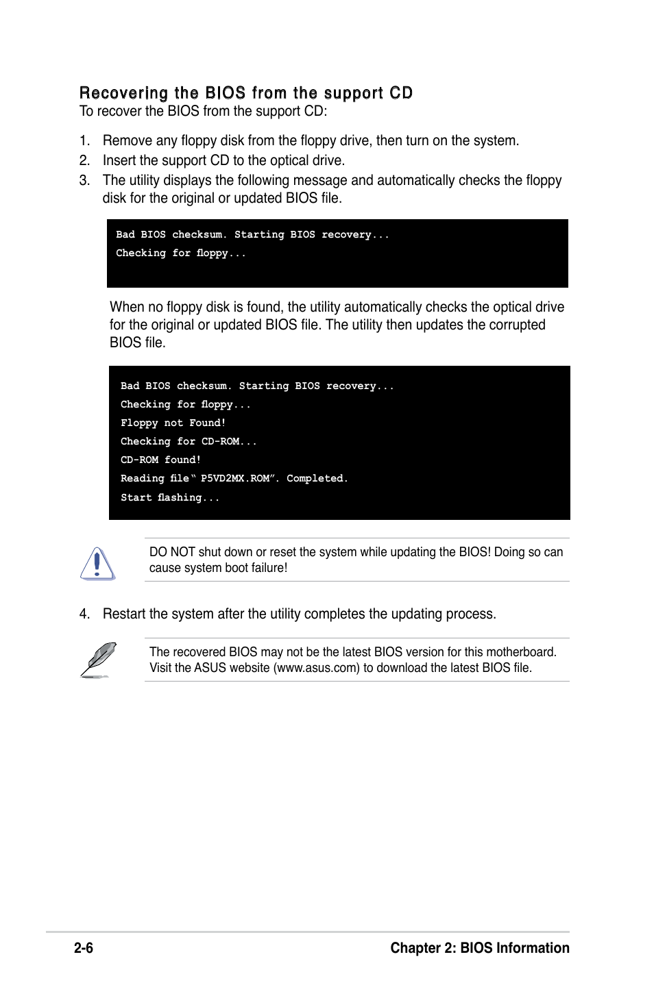 Recovering the bios from the support cd | Asus P5VD2-MX SE User Manual | Page 46 / 78